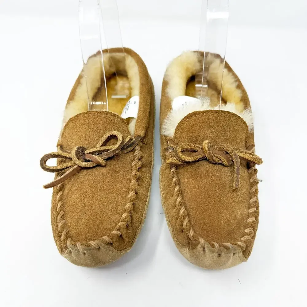 LL Bean Tan Suede Shearling Moccasin Slippers Kids Size 2 EUC Tie Bow Detail